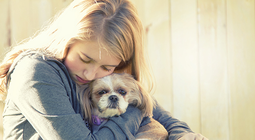 A blonde girl in a grey hoodie hugging a dog
